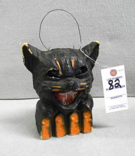 Vintage Papier Mache Scaredy Cat: Vintage Pulp Papier Mache Scaredy Black Cat w/Paper Insert, GD Cond (Some Paint Loss, Sm. Pc. Roughness in Back Top) 8"H x 5"W