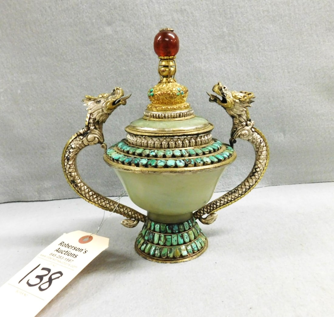 Chinese Jade Censer Jar w/Dragon Handles (1 of 3)