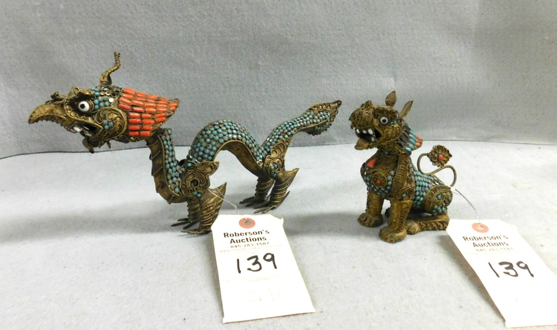 Pr. Chinese Figural Vessels: Pr. Chinese Figural Vessels Dragon and Foo Dog - Metal w/Red Coral and Turquoise Stones in GD Cond (Some Stones Missing)