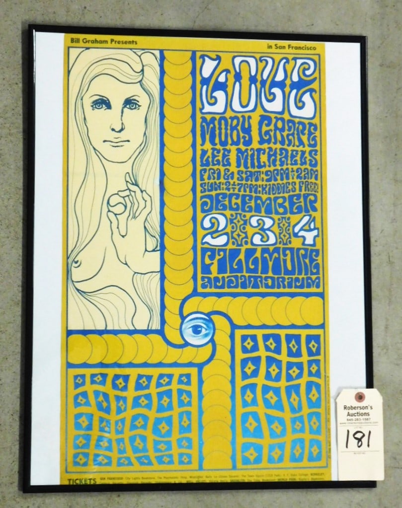 Orig. Bill Graham Productions Poster: Orig. Bill Graham Productions Poster "Love", Moby Grape". "Lee Michaels" at the Fillmore - Wes Wilson 1966GD Cond (Tiny Tear on Right Btm)14" x 23 1/2"