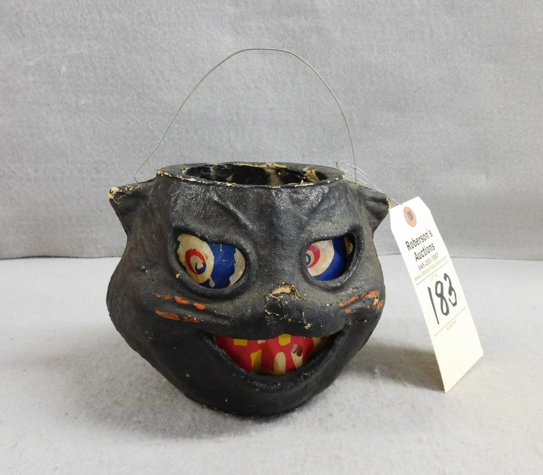 Vintage Pulp Papier Mache Black Cat: 5 1/2"H Vintage Pulp Papier Mache Black Cat w/Paper Insert in GD to Fair Cond(Paint Loss, Nose Has Damage) (Paper Insert Has Hole)