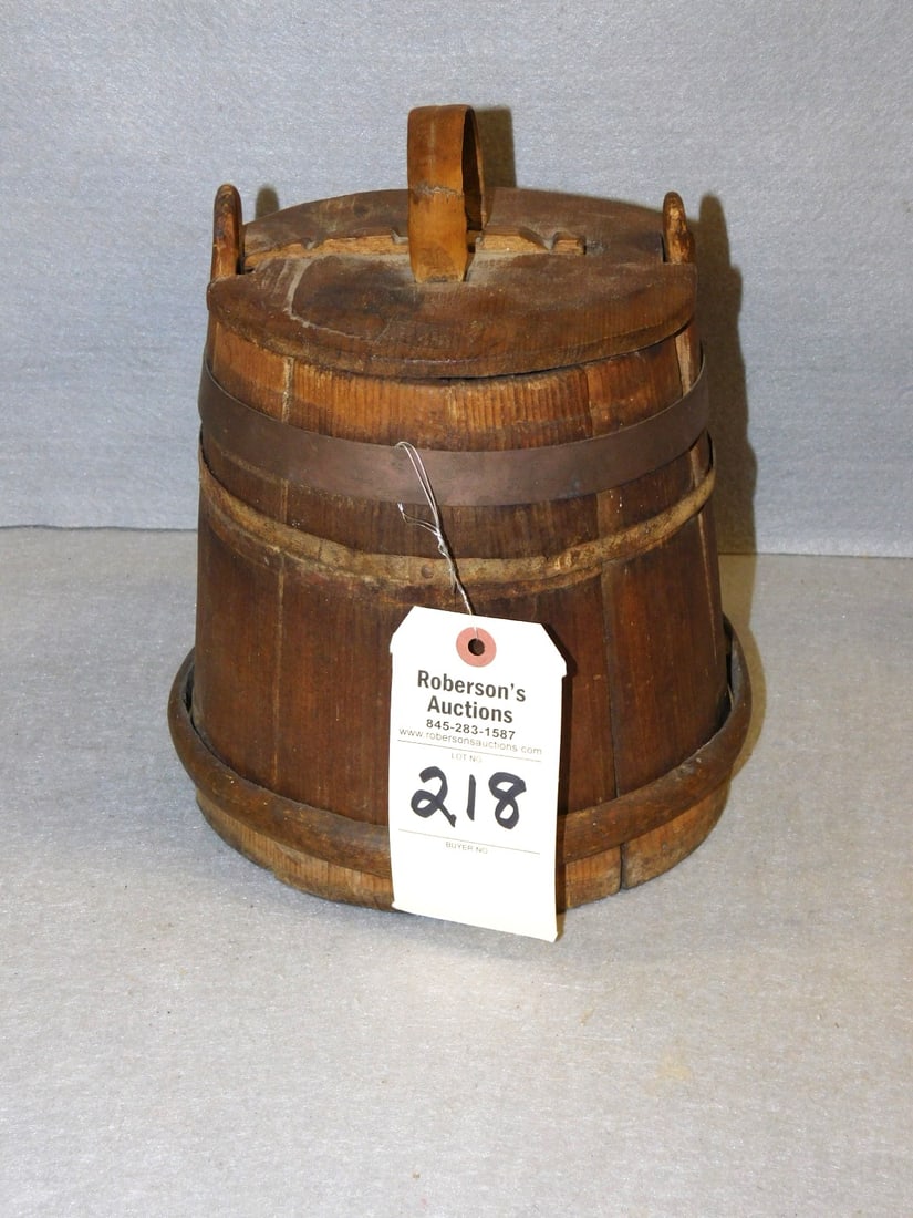 Early Banded Bucket w/Lock Top: Early Banded Bucket w/Lock Top Slide - Metal and Wood Banding in GD Cond