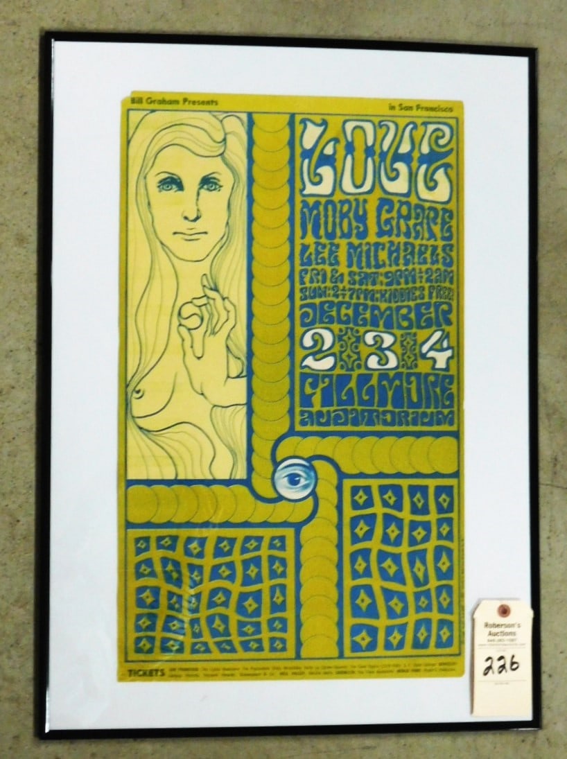 Orig. Bill Graham Productions Poster: Orig. Bill Graham Productions Poster "Love", "Moby Grape", "Lee Michaels" at the Fillmore, Wes Wilson 1966 Printing by West Coast Litho in GD Cond (Sm. pc. paper missing top left) - 23 1/2" x 14"