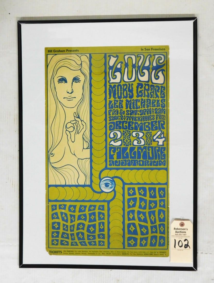 Orig. Bill Graham Productions Poster: Orig. Bill Graham Production Poster "Love", "Moby Grace","Lee Michaels" - Fillmore Auditorium, Wes Wilson '66; Printing by West Coast Litho Co. SF inGD Cond.(Minor Fraying) 23 5/8" x 14"