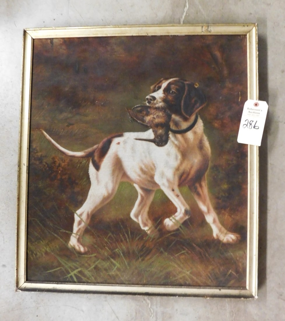 O/C of Bird Dog Retriever: O/C of Bird Dog Retriever w/Duck in Mouth In The Grass in GD Cond. - 24 3/4" x 24 1/2" Old Canvas (Sm. Hole Upper Right)