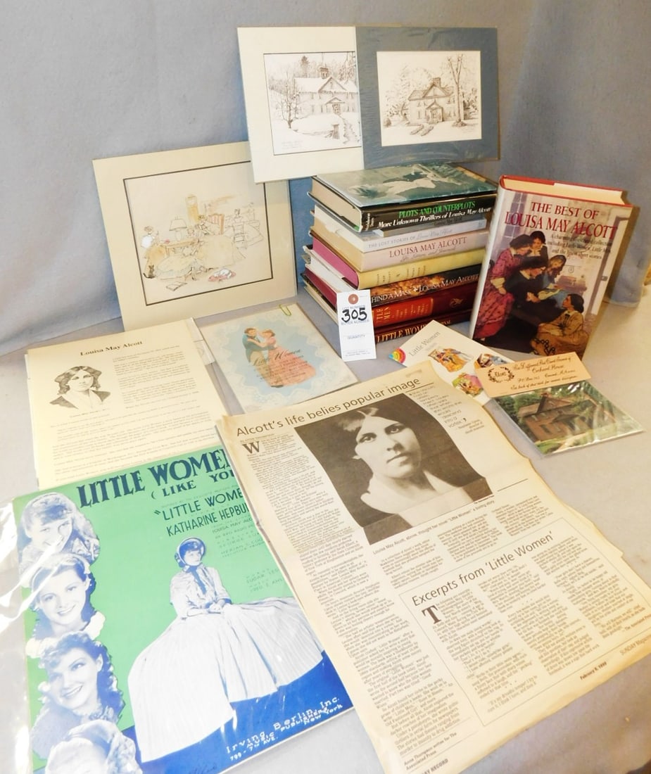 8 Books & Ephermera About L.M. Alcott: Lot of 8 Books & Ephemera About Louisa May Alcott Incl. Drawings of Her House, Newspaper Articles, Poems, Stickers, Etc. in GD Cond.
