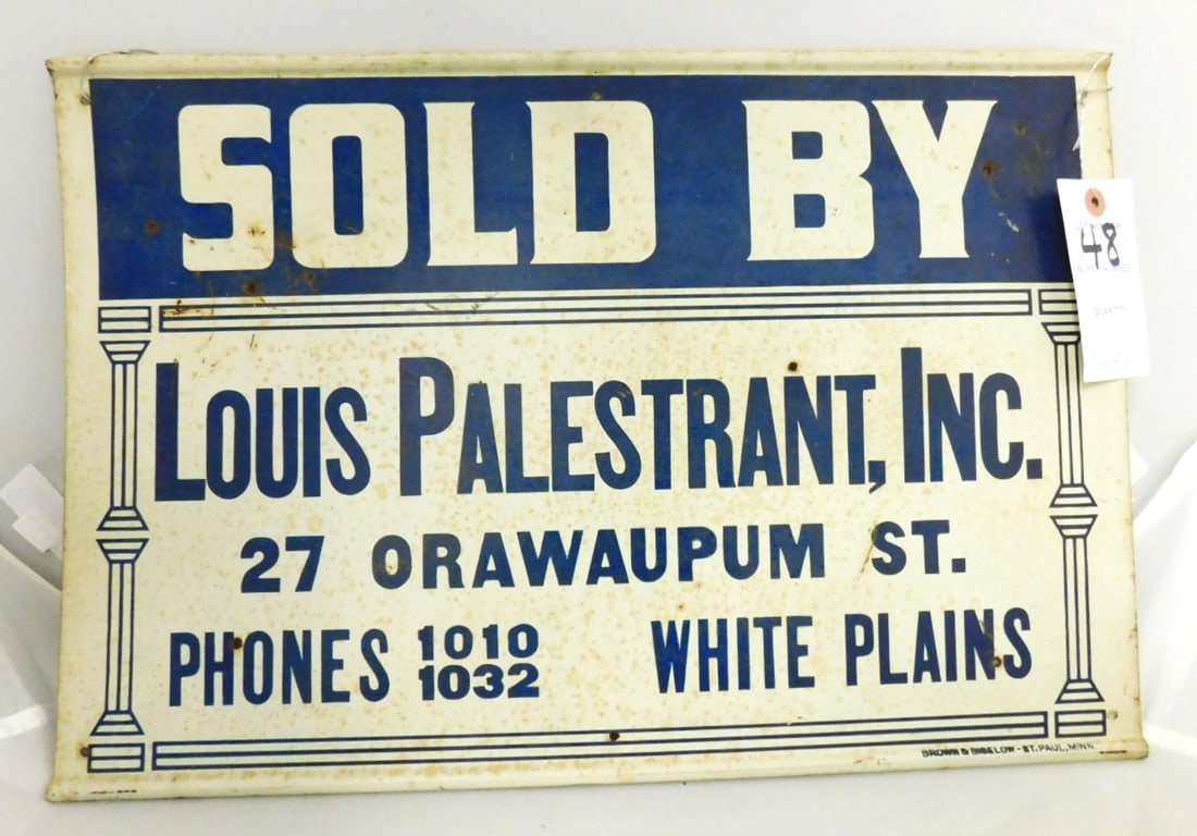 Metal "Real Estate" Sign: Metal Real Estate Sign - "Sold By" Louis Palestrant, Inc. 27 Orawaupum St-Phones 1010/1032 White Plains" - 13 3/8" x 19 3/4" in Gd. Cond.