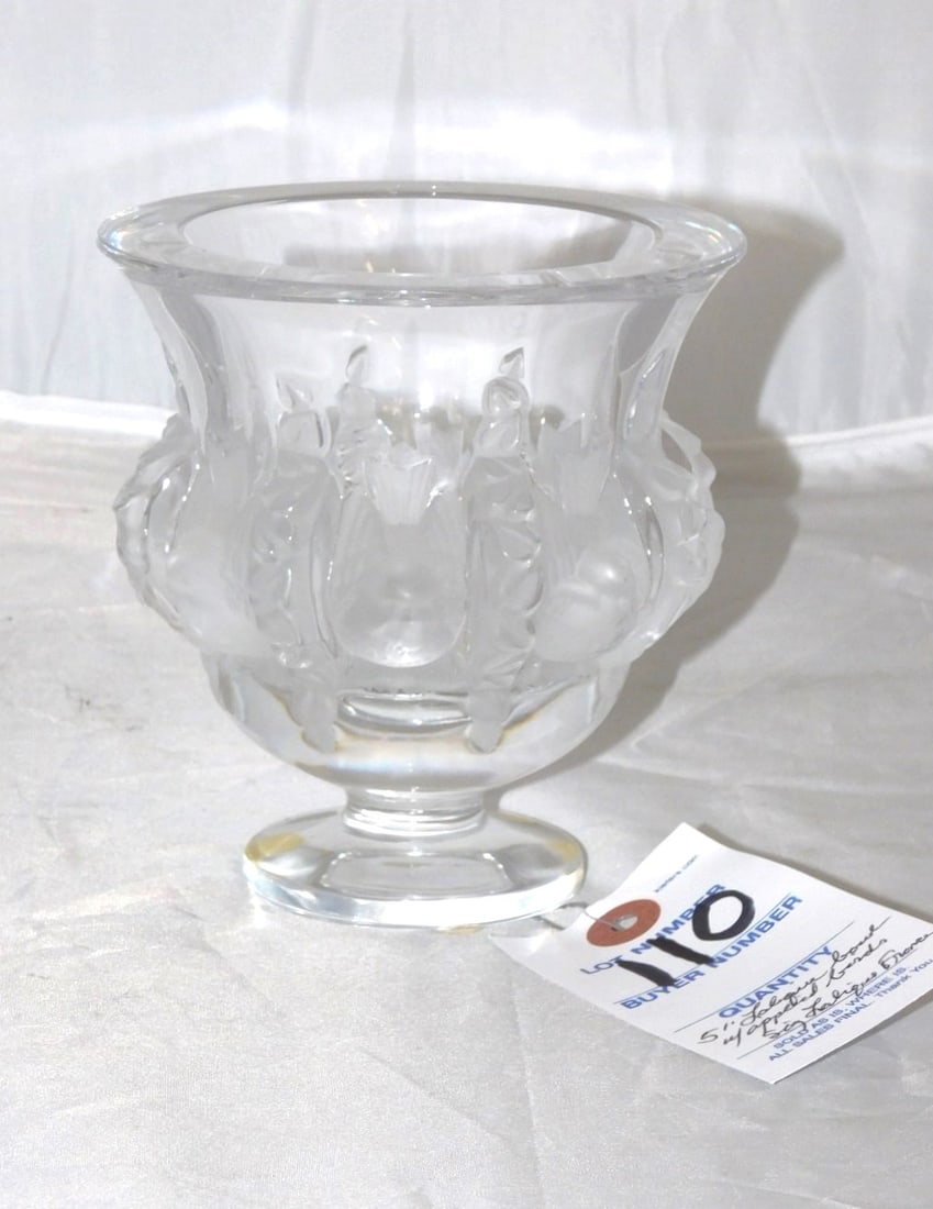 5 in H. Signed "Lalique" France Sm.Bowl: 5 in H. Signed "Lalique" France Sm.Bow w/Applied Bird Decoration in VG Cond.