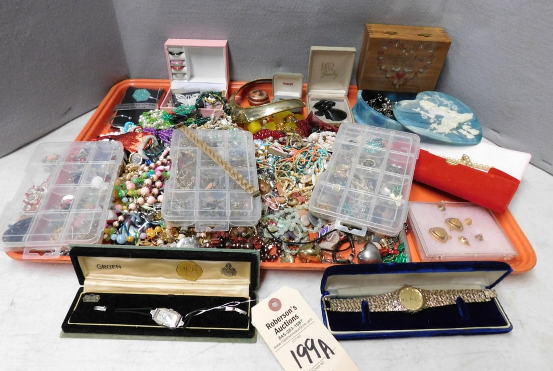 Lg. Tray of Necklaces, Pins,Earrings: Lg. Tray of Necklaces, Pins, Earrings, Vintage Watches, Bracelets, Jewel Boxes, Etc. in GD Cond.