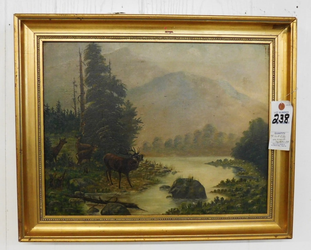 O/C Signed "JAS 1908" of Elk in Forest: 14x18in. O/C Signed "JAS 1908" of Elk in Forest in GD Cond. (Tiny Tear on Left)