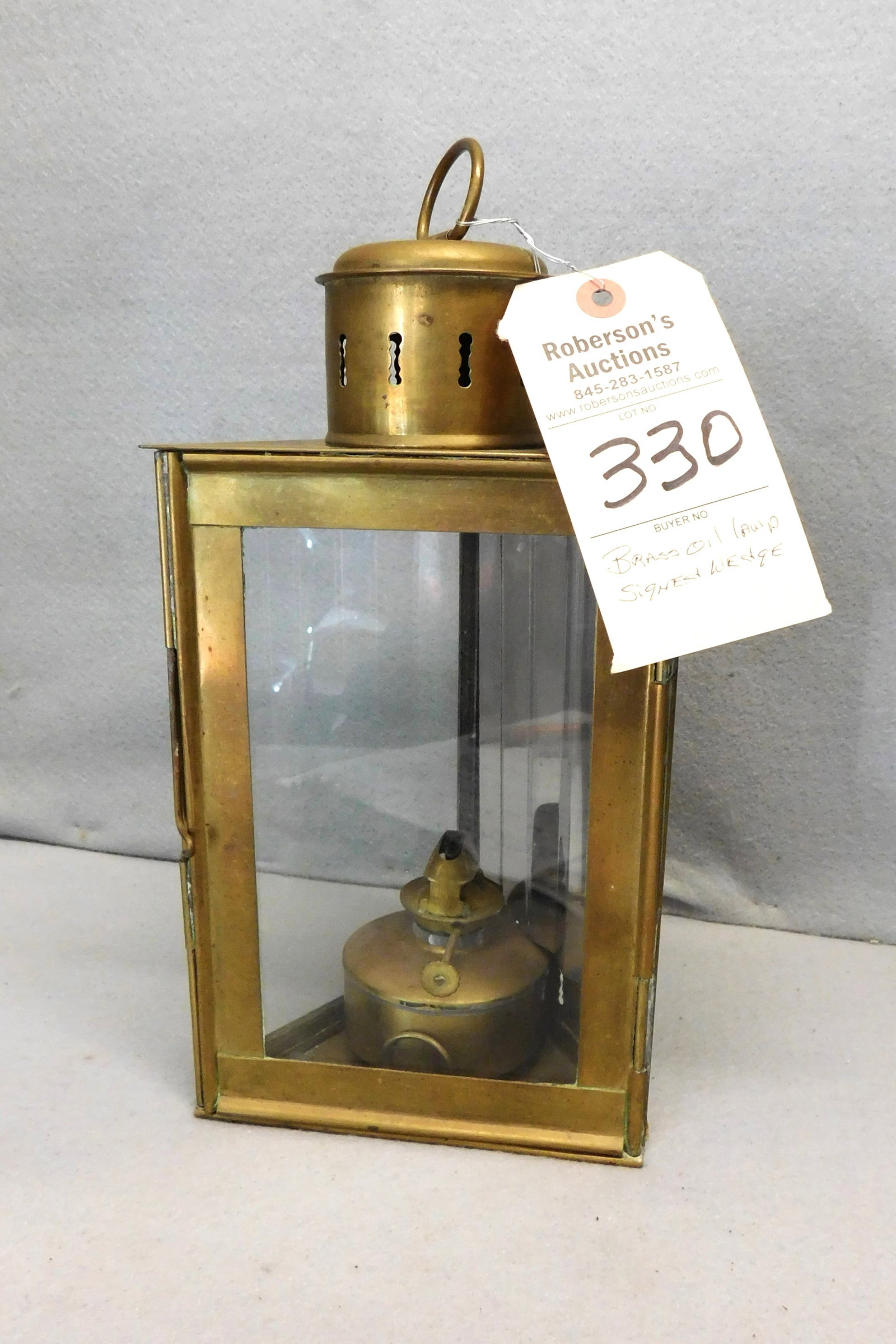 Brass Oil Lamp Signed "Wedge": Brass Oil Lamp Signed "Wedge" in GD Cond. - 11"H