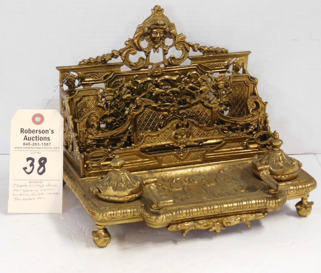 Ornate Brass Letter Holder w/Inkwells (1 of 3)