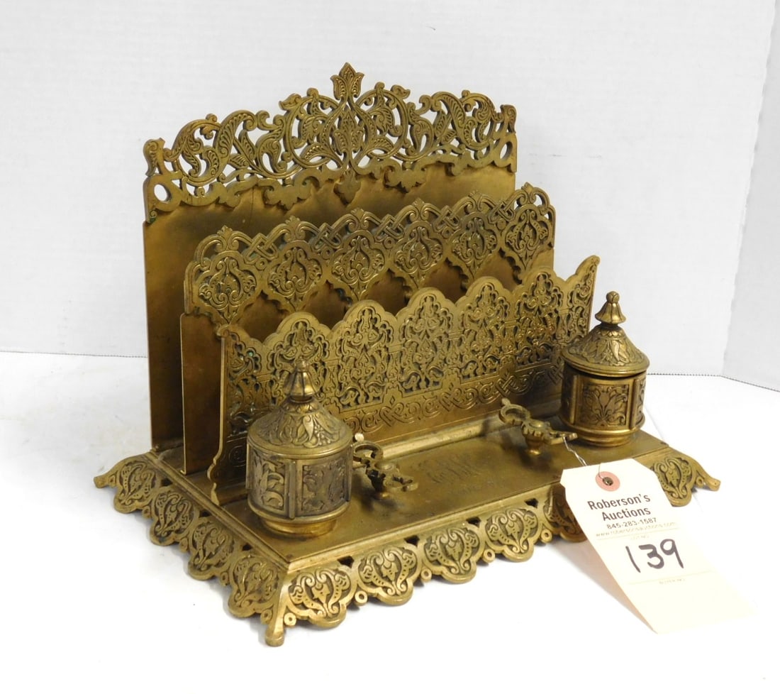 Ornate Brass Letter Holder Dbl. Inkwells (1 of 4)