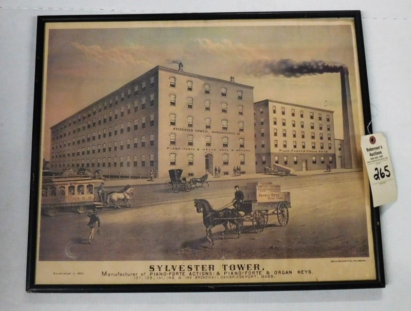 Advertising Poster for Organ & Piano Keys: Advertising Poster for Organ & Piano Keys - Sylvester Tower- Cambridge, Mass. Manufacturer's - Bldgs in Bkgrd. & Horsedrawn Trolley & Wagon in Foregrd. -Made by Geo.W. Walker & Co.Litho, Boston in Fra