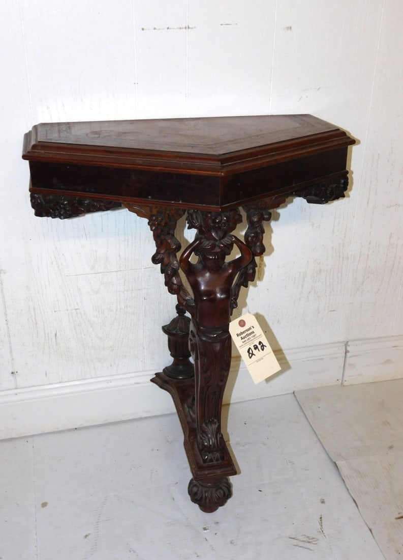 Mahogany Figural Wall Table: Mahogany Figural Wall Table w/Carved Half Body Nude Woman, Carved Fruit in GD Cond. (Must Be Screwed to Wall) 30"H x 24 1/2"W x 14 1/2"D