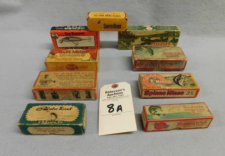 9 Pcs of Vintage Lures: 9 Pcs of Vintage Lures Incl. Pflueger, PB Weaver, 3 Heddon, 2 South Bend, Spinno Minno Water Scout In Orig Boxes in Gd Cond.