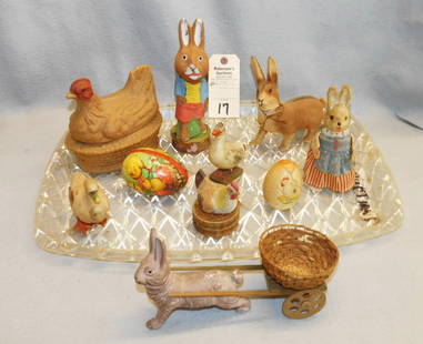 10 Pcs. of Easter Collectibles: 10 Pcs. of Easter Collectibles Incl. Candy Containers, Figurals, in Pressed Cardbd., Papier Mache, Celluloid, Etc. (Some Marked Germany) in GD Cond.