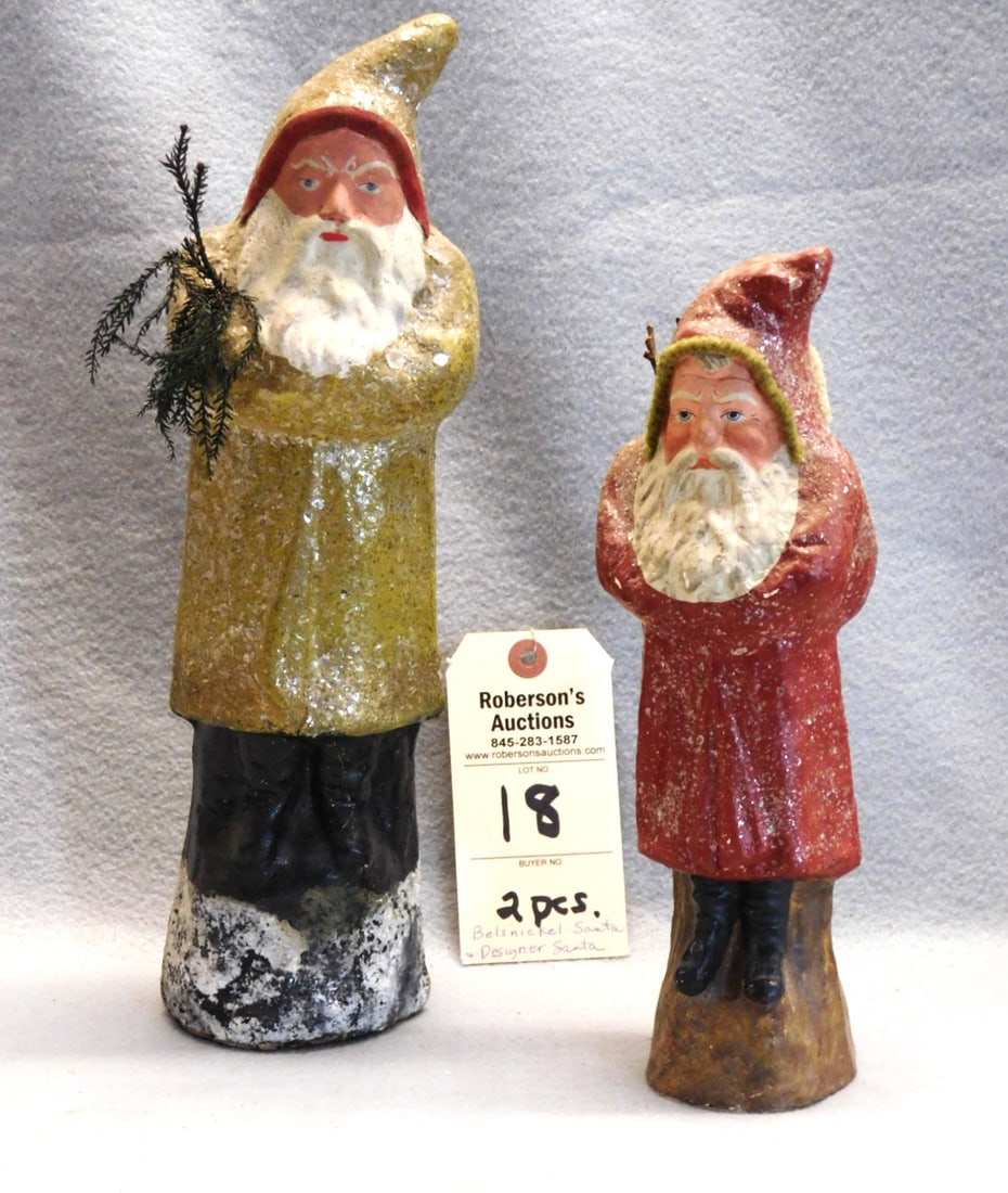 Vintage Belsnickel Santa & Designer Belsnickel: Vintage 13in.H. Belsnickel Santa & Designer 10in. Belsnickel Papier Mache w/Dbl. Face Clay Masks Signed Marnie Sandercott in Gd. Cond.(Lg. Belsnickel has Spider Cracks (Not separated) on Back bottom,