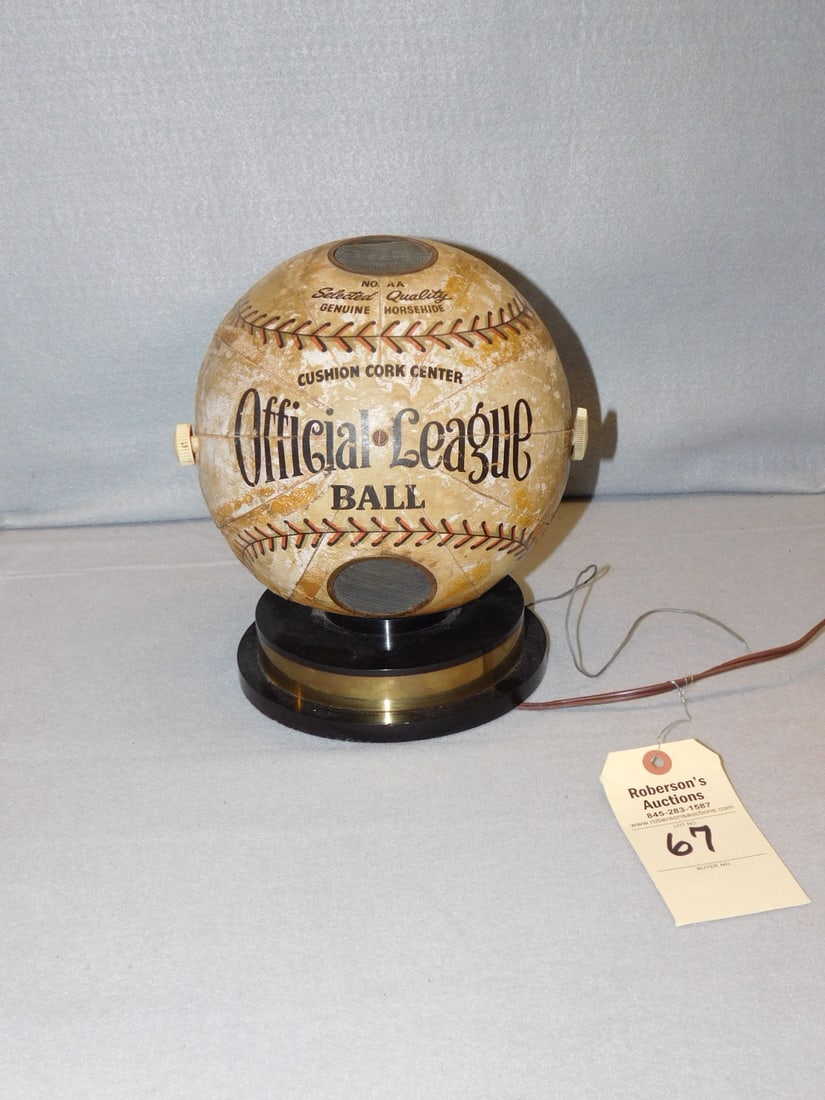 Vintage "Offical League Ball"Cork Radio: Vintage "Offical League Ball"Cork Radio on Pedestal Stand-Has Plug & Antenna Wire in GD Cond.Works-Not Well - 10" x 10"