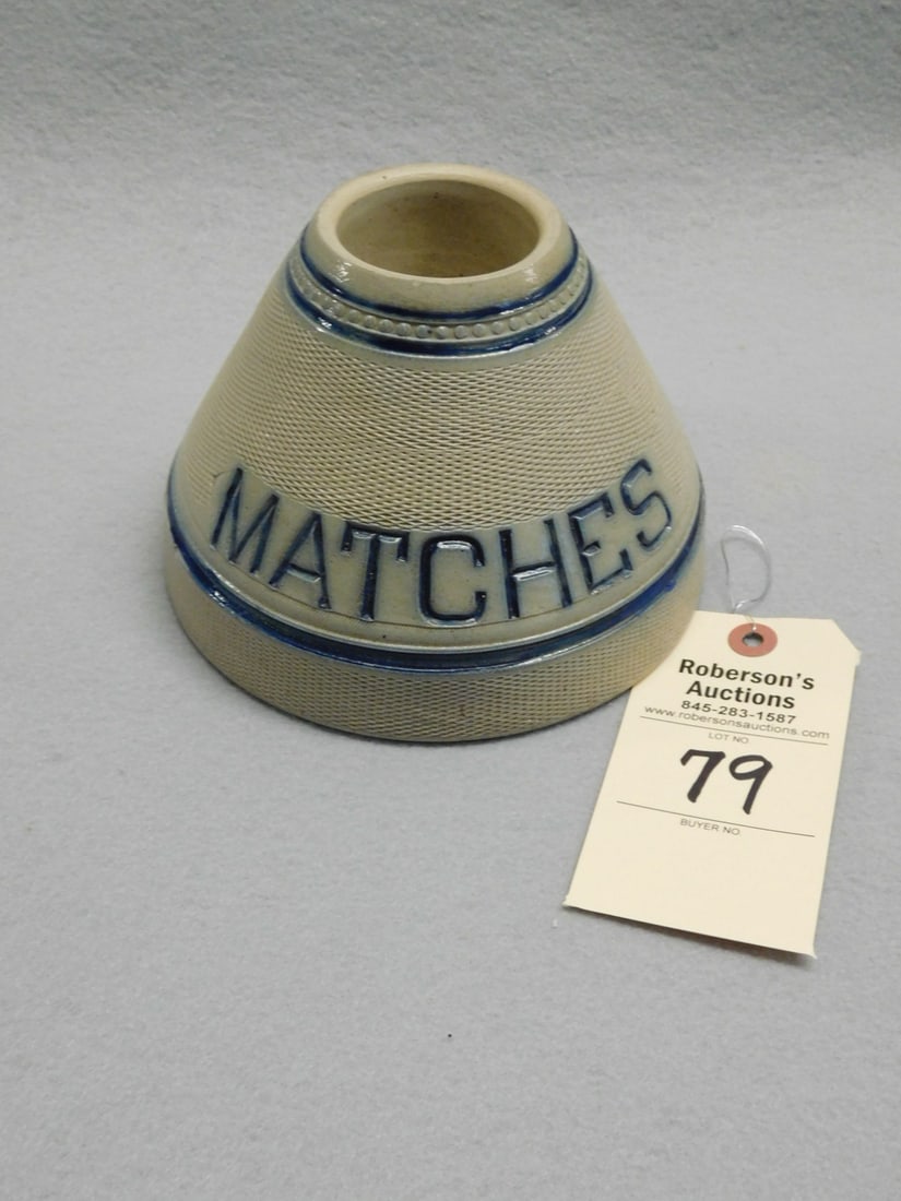 White's Utica Stoneware "Matches": White's Utica Stoneware "Matches" Pc. w/Striker Applique in VG Cond. - 5"H x 6"D Base