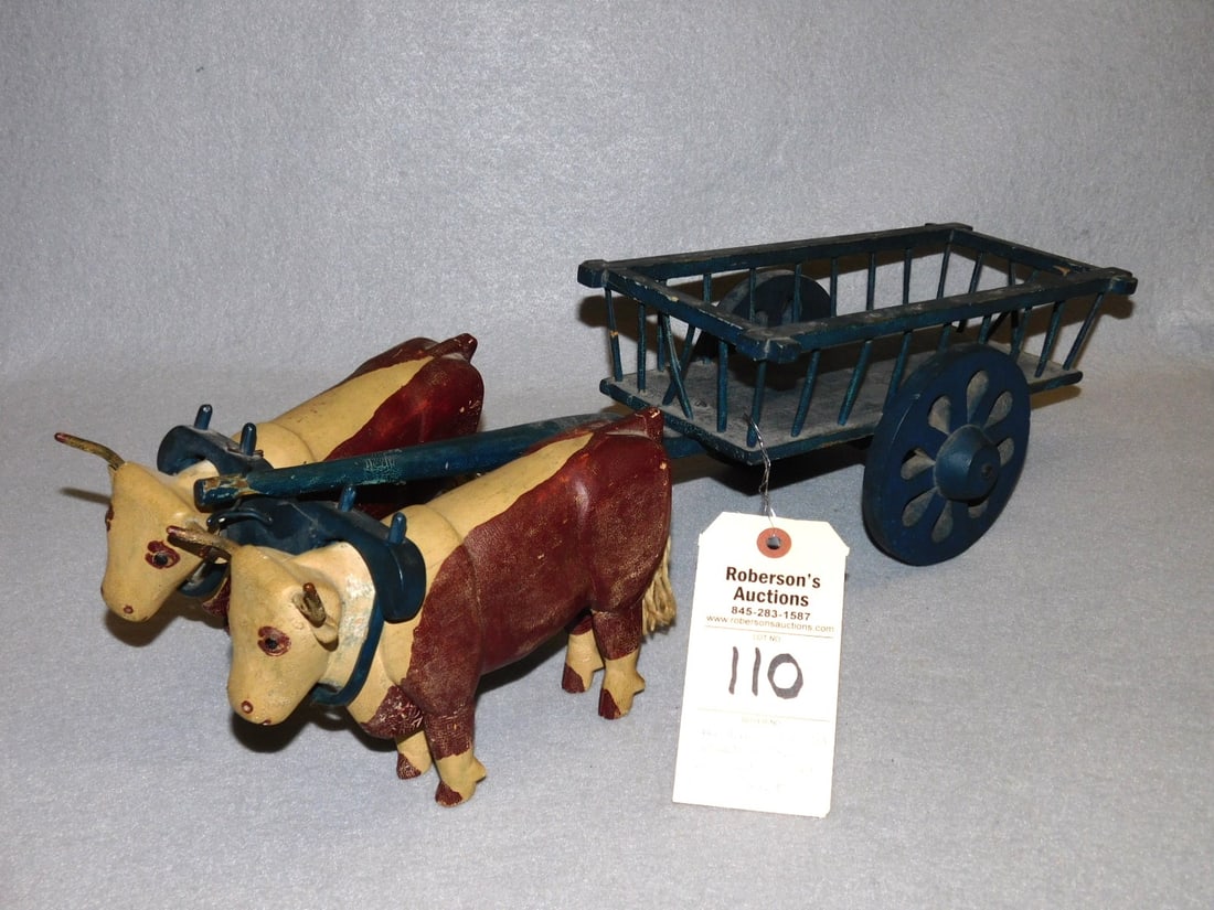 All Wooden Primtive Folk Art Oxen w/Wagon: All Wooden Primtive Folk Art Oxen w/Wagon in Old Paint in GD Cond. Ea.Oxen 8 1/2"L x 5"H Cart 11" x 7"