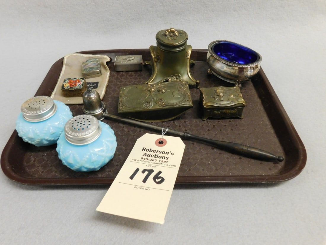 10 Pcs. of Vintage Collectibles: 10 Pcs. of Vintage Collectibles Incl. 3 pcs Set w/Inkwell, Blotter & Lidded Pc., Pr.Cord & Tassel, S/P Shakers, Sterling CandleStuffer, Match & Pill Boxes & Cobalt & SP Mini Bowl in GD Cond.