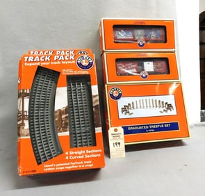 5 Pcs. Lionel Track, Trestle Set & 2 Cars