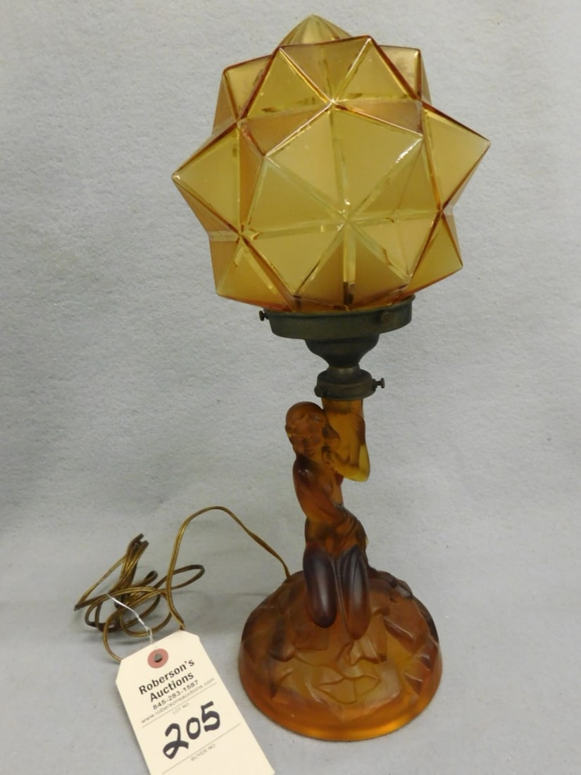 Art Noveau Figural Amber Glass Lamp (1 of 3)