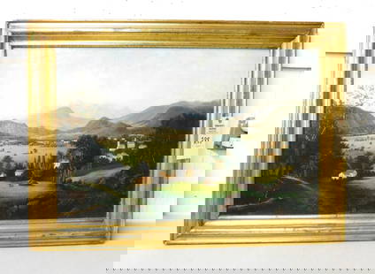 20x30" O/C Unsigned Painting of Village: 20x30" O/C Unsigned Painting of Village by River w/Mts. in Backgrd. in Gold Gilt Frame in VG Cond.