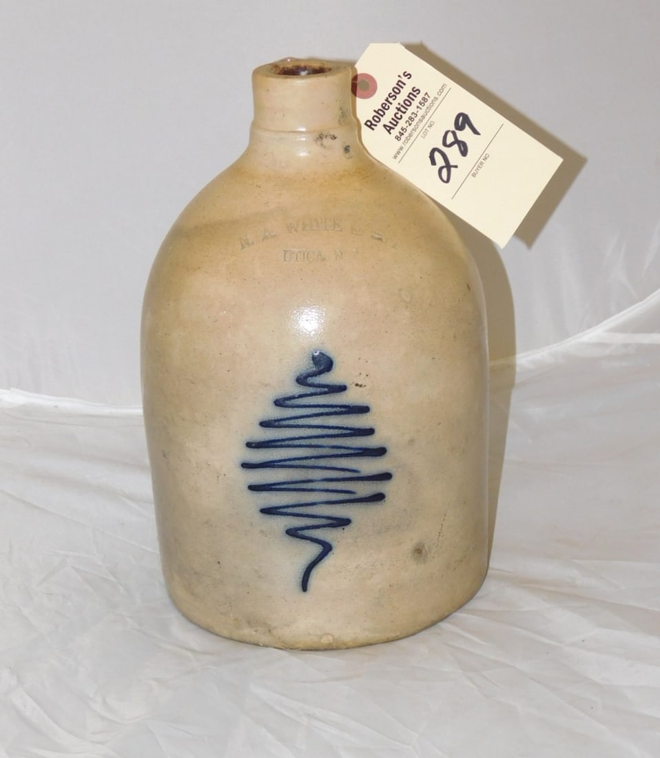 19thC. 1 Gal. Jug Marked Utica, NY: 19thC. 1 Gal. Jug Marked N.A. White, Utica, NY w/Cobalt Tornado Decoration in VG COnd.