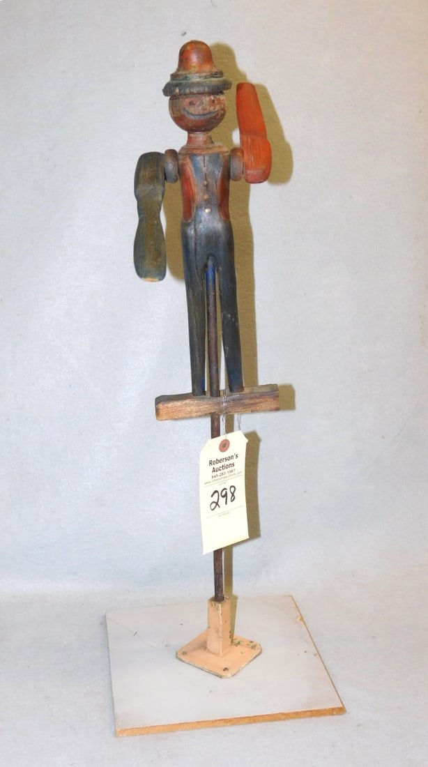 All Wooden Vintage Whirly Gig: All Wooden Vintage Whirly Gig on Wooden Base in Gd. Cond. 28 1/2"H. to top of arm, On iron pedestal 9 1/2"sq.-