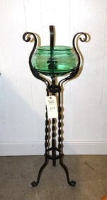 Green Glass Fish Bowl in Iron Stand