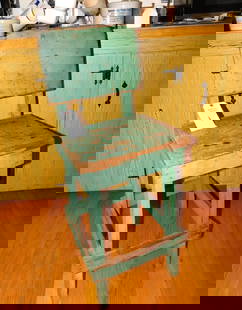 Early Primitive Tall Chair: Early Primitive Tall Chair in Old Green Paint in GD Cond., 37"H x 14"W
