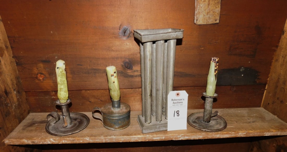 3 Early Candle Collectibles: 3 Early Candle Collectibles Incl. Candle Mold, Toleware Finger Candleholder, Pr.Tin Holders in Gd. Cond.
