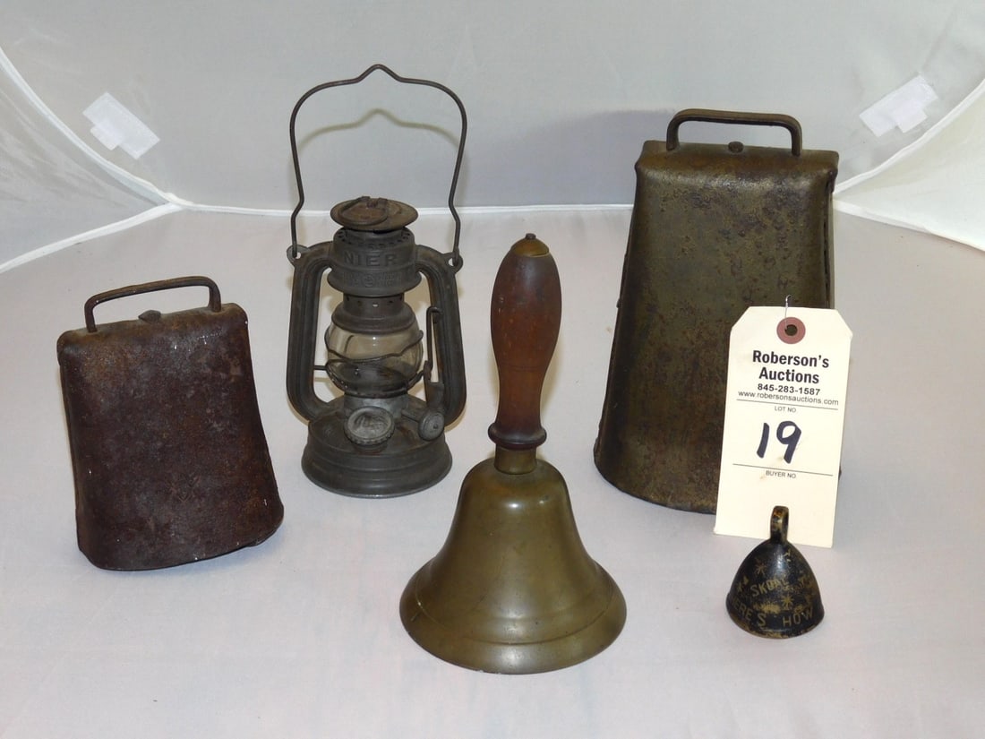 5 Vintage Collectibles: 5 Vintage Collectibles Incl. 2 Cow Bells, School Bell, Sm. Dinner Bell and Sm. Lantern in Gd. Cond.