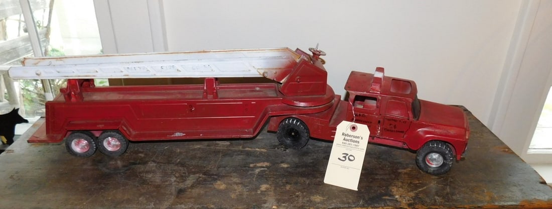 Vintage 50's Metal Fire Truck: Vintage 50's Metal Fire Truck in Gd Cond. 34"L x 5 1/2"W x 7 3/4"H
