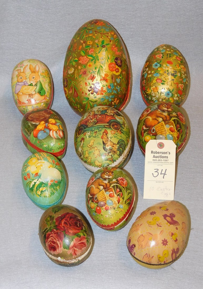 10 Vintage Easter Eggs: 10 Vintage Easter Eggs Incl. 9 Papier Mache, 3 Marked Germany, 1 Metal Egg in Gd Cond. - Ranging 5"-12"H