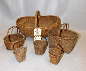 6 Early Handled Splint Baskets