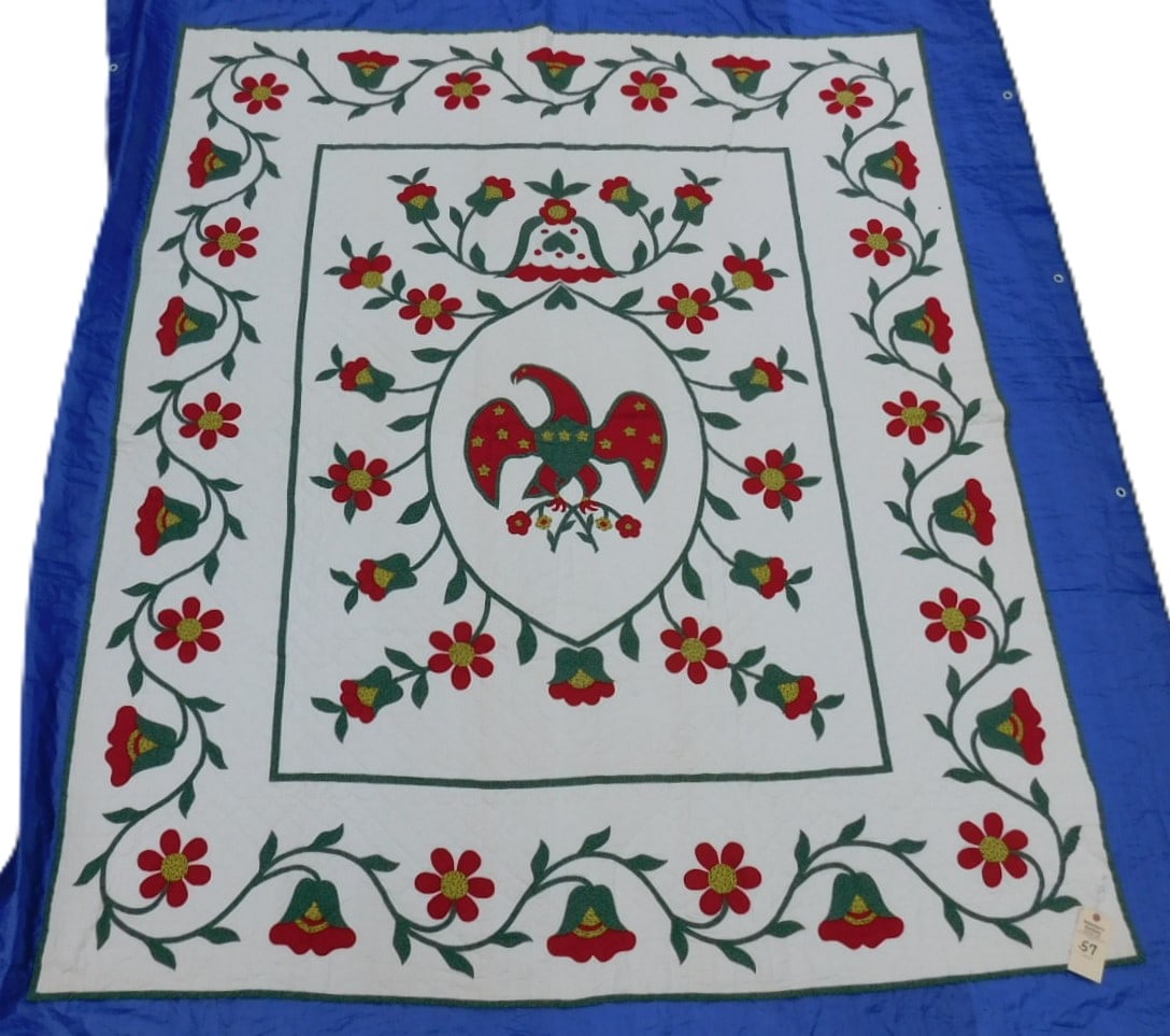 Handstiched Apllique Quilt: Handstiched Apllique Quilt w/ Eagle Center, Bell, Floral, Motif in Gd Cond. - 79" x 92" (Minor Stains)