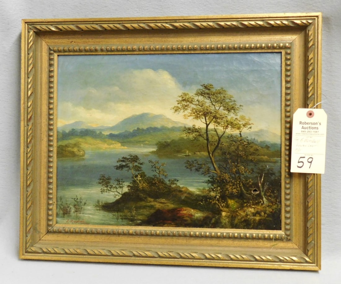 14"x 18" O/C Sgnd. R.Marshall: 14" x 18" O/C River Scene w/ Mts. Sgnd. R.Marshall l.l. in As Found Cond. (Has Repairs & Hole in Canvas) Super Scene