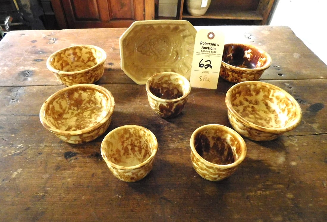 Rockingham & Yellow Ware Pottery: 8 Pcs. Rockingham & Yellow Ware Pottery in VG Cond. Mold - 7"L x 5"W