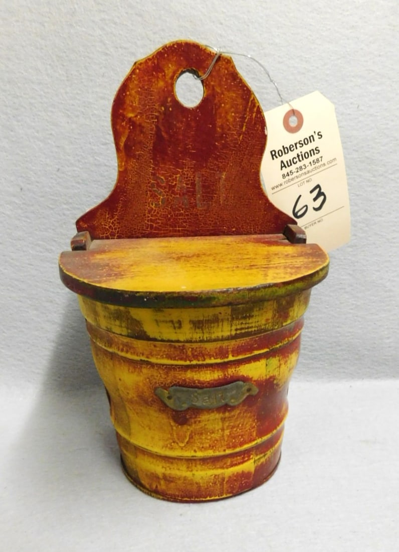 Early Wall Salt Box: Early Wooden Wall Salt Box w/Lids in Red/Yellow Paint in GD Cond. 10"H x 6 1/4"W