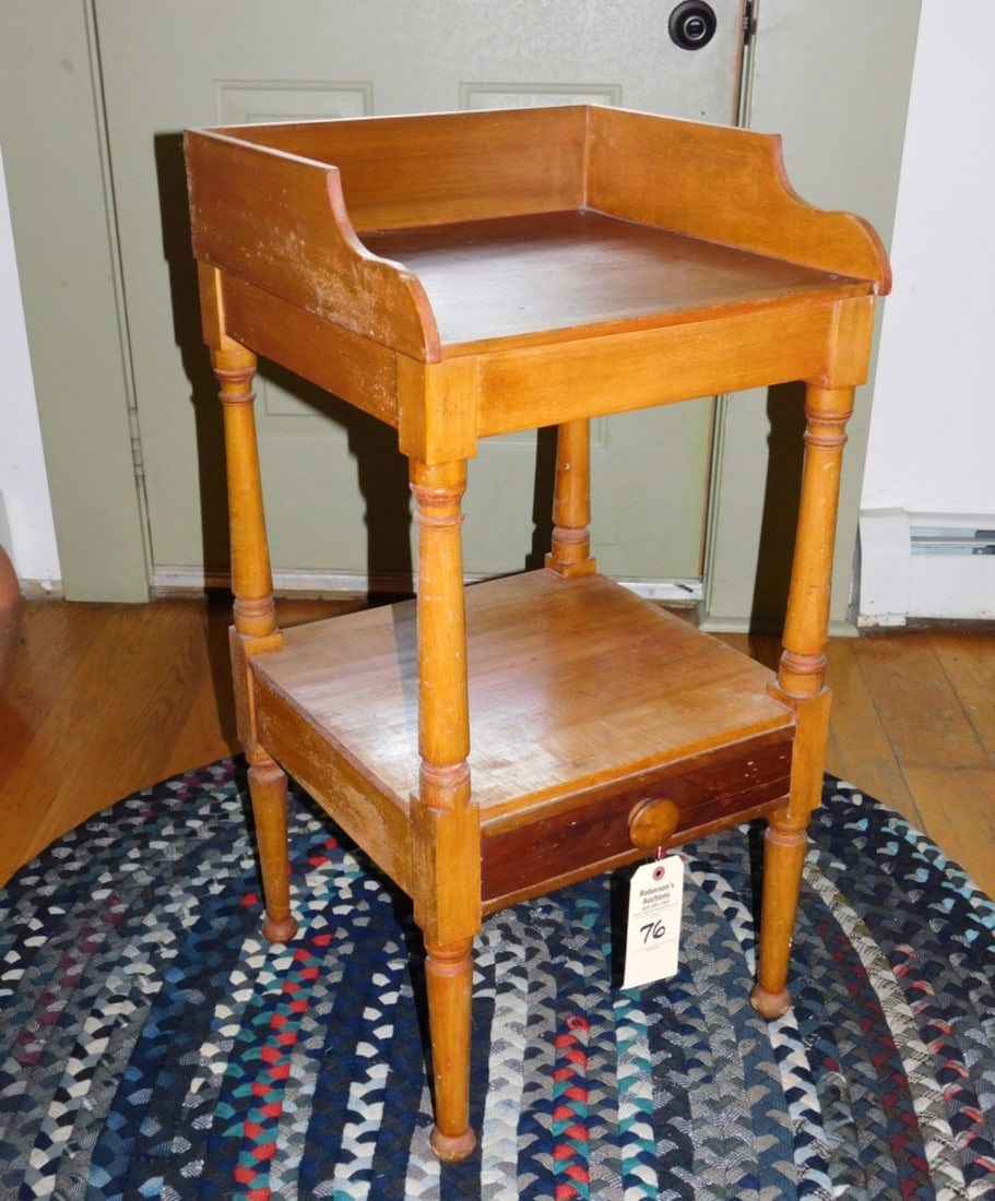 Early Maple Washstand w/Drwr.: Early Country Maple Washstand w/Drwr., w/Turned Leg and Shaped Surround, Dovetailed Top, Champered Drwr. in Gd Cond. - 4"H x 17 1/4"x 17 1/2"D
