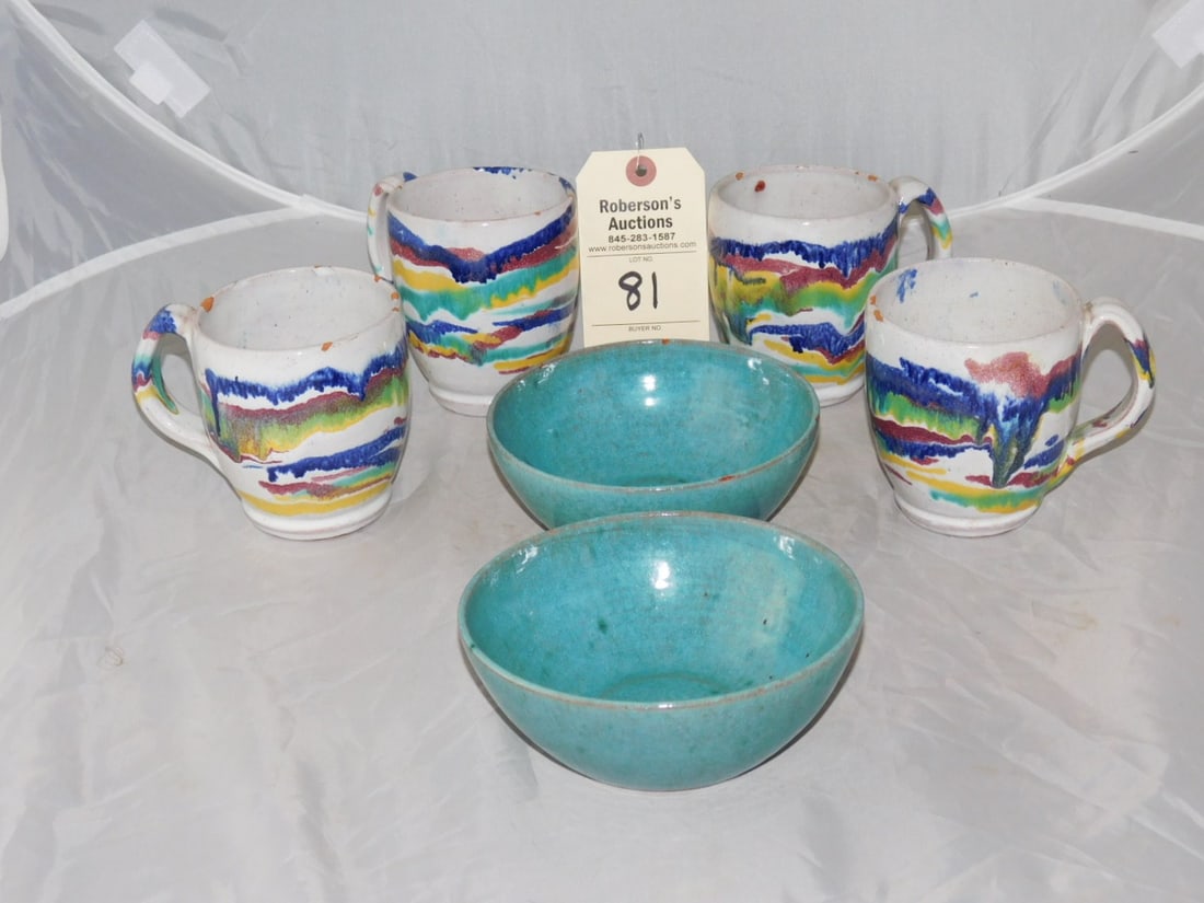 6 Pcs. A.R. Cole Pottery: 6 Pcs. A.R. Cole Pottery, Sanford, N.C. Incl. 2 Bowls and 4 Mugs in GD Cond., Mugs 4"H, Bowls 5 1/2"D x 2 1/4"H