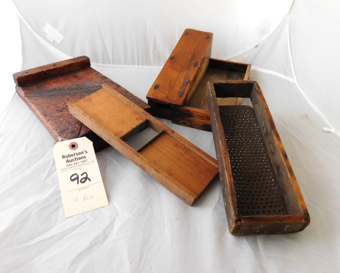4 Vintage Collectibles: 4 Vintage Collectibles Incl. Cutting Board 7" x 11", 2 Graters 10 3/4" and 11 1/4" and a "What-Cha-Ma Call it!" - 10 1/2" x 7 1/2" in GD Cond.