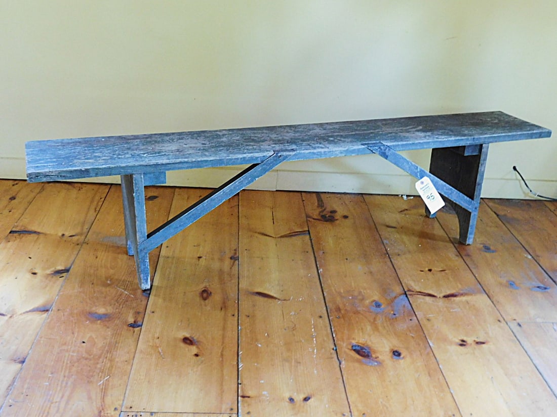 Early 6'L Pine Bench: Early 6'L Pine Bench in Old Green Paint w/Dbl. Mortised Front, Sq. Nails in Gd. Cond. - 17"H x 11 1/2"D x 72"L