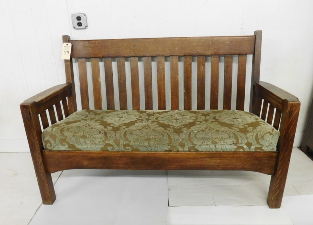 Mission Oak Settee C.1900: Mission Oak Settee C.1900 w/Spring Upholstery, Pegged Leg Seat in Gd Cond. - 60"W x 37 1/2"H x 23"D