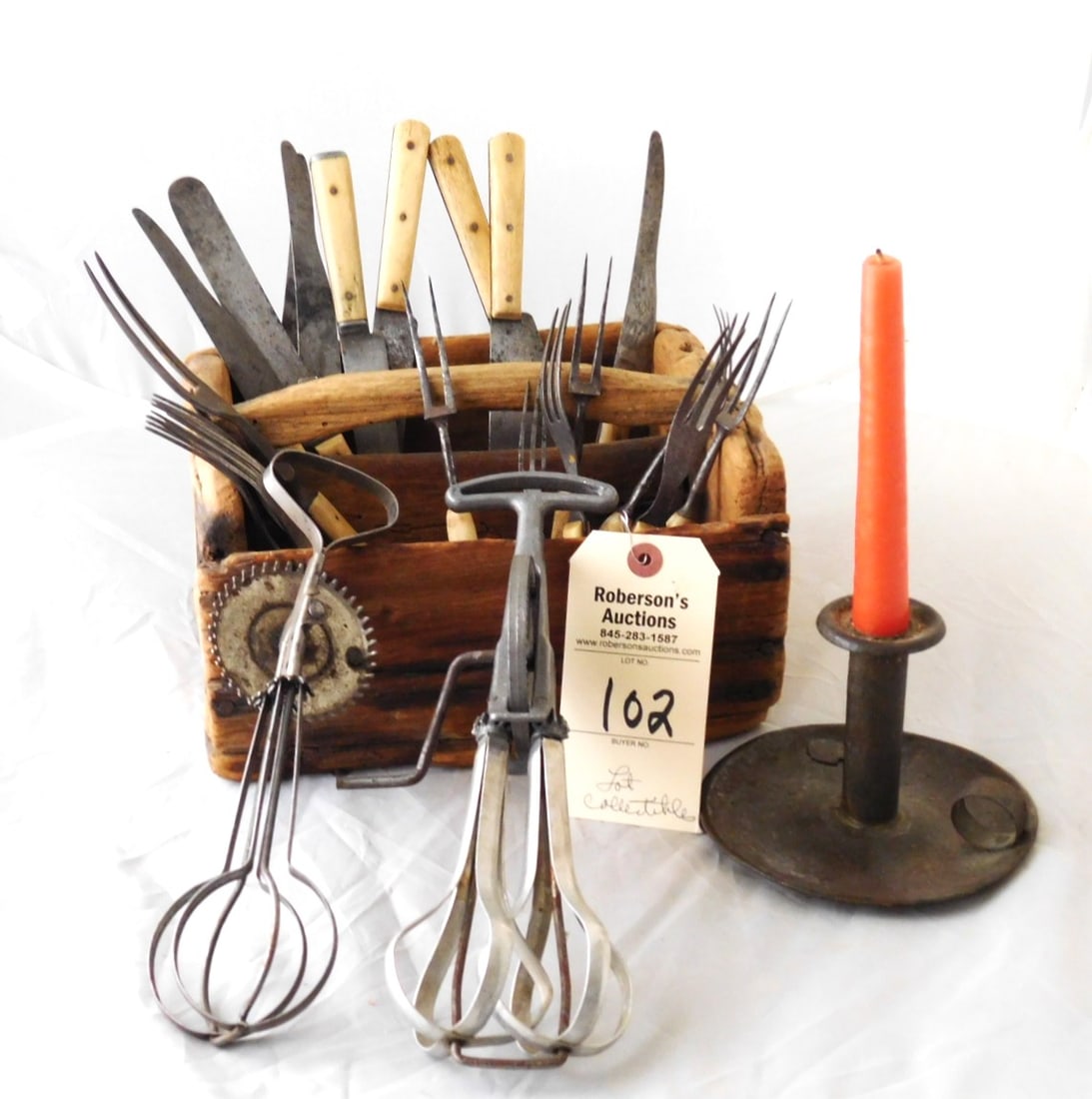 Early Collectible Kitchenwares: Early Collectible Kitchenwares w/ Wooden Knife Box and Tin Push Up Candlesticks in Gd Cond. - Box 8"L x 5 1/2"H