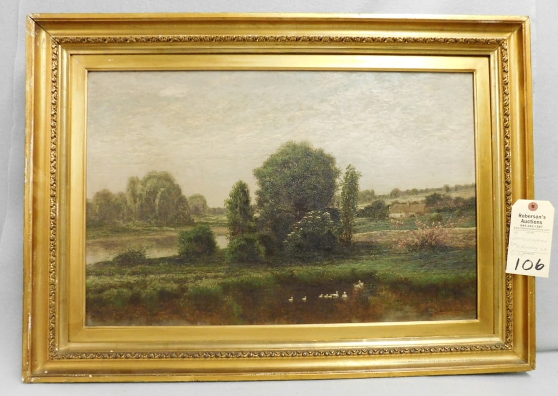 17" x 26" O/C Signed O.Farsky: 17" x 26" O/C of Ducks in Pond Signed O.Farsky l.r. of Water, Woods, and House in Backgrd. in Gold Gilt Frame in VG Cond. - 17" x 26"