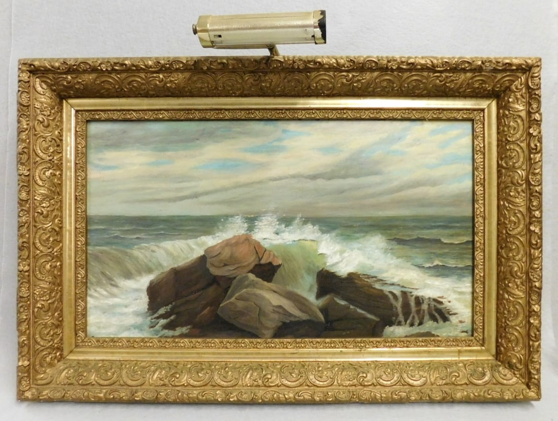 O/ B SeaScape by Mildred Godfrey: 14"x 24 1/2" O/ B of Rough Sea on Rocky Shoreline in Gd Cond.in Ornate Gold Gilt Frame, Marked on Back "This is Mildred Godfrey"